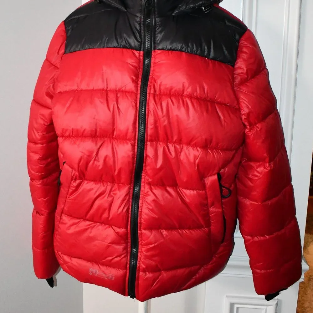 Point Zero Color Block Matte Shine Puffer Jacket in RED Size: LARGE #7958037DL_5